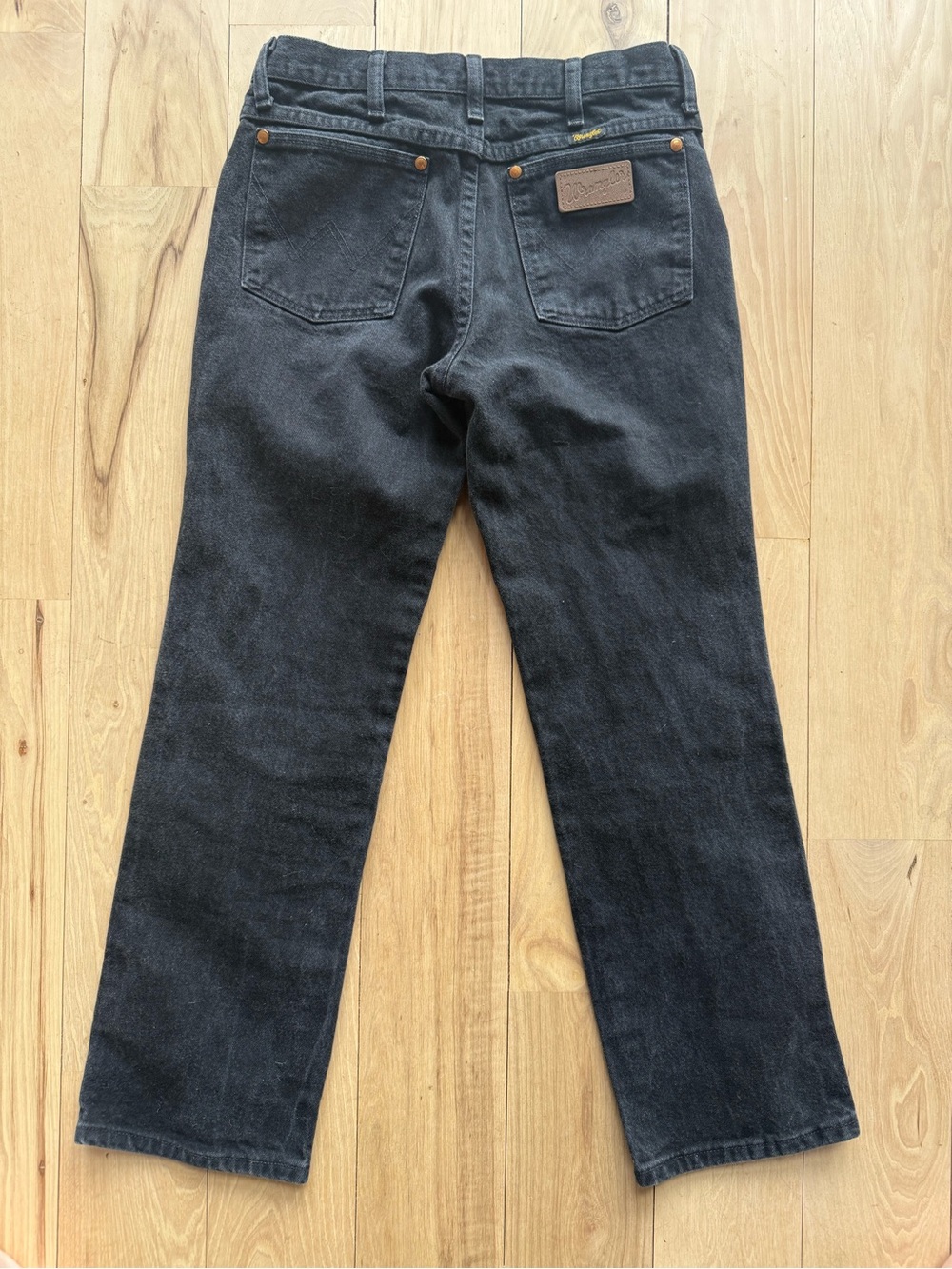 Vintage Wrangler Black Jeans with Tan Leather Patch and Copper Rivets - Picture 2 of 6